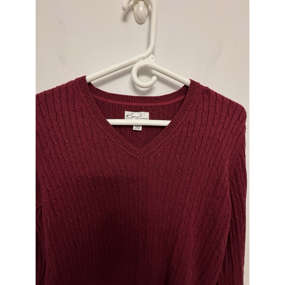 Kim Rogers M Burgundy Cable Knit Long Sleeve Women's Sweater 46x27 V-Neck Classy - Picture 4 of 7